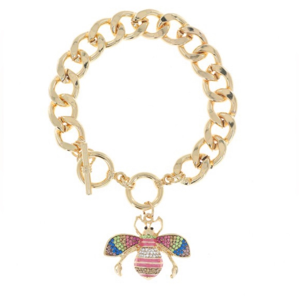 Gold Cuban link rhinestone bee charm bracelet